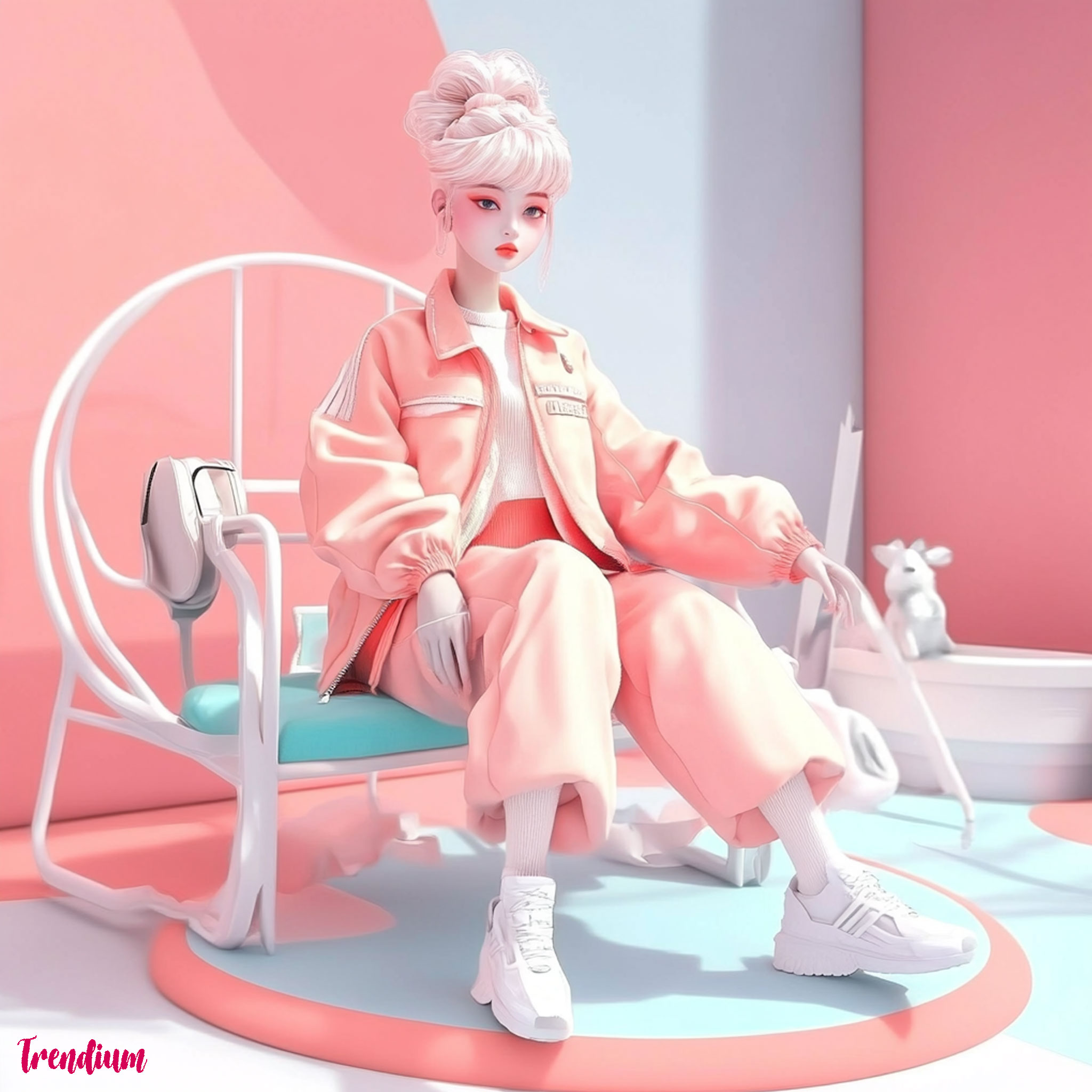 [prompt] Images of Marie Antoinette in a jacket and pants designed in Rococo style patterns, Adidas brand, pastel-toned bright colors, sportswear fashion pictorials --sref 273712949