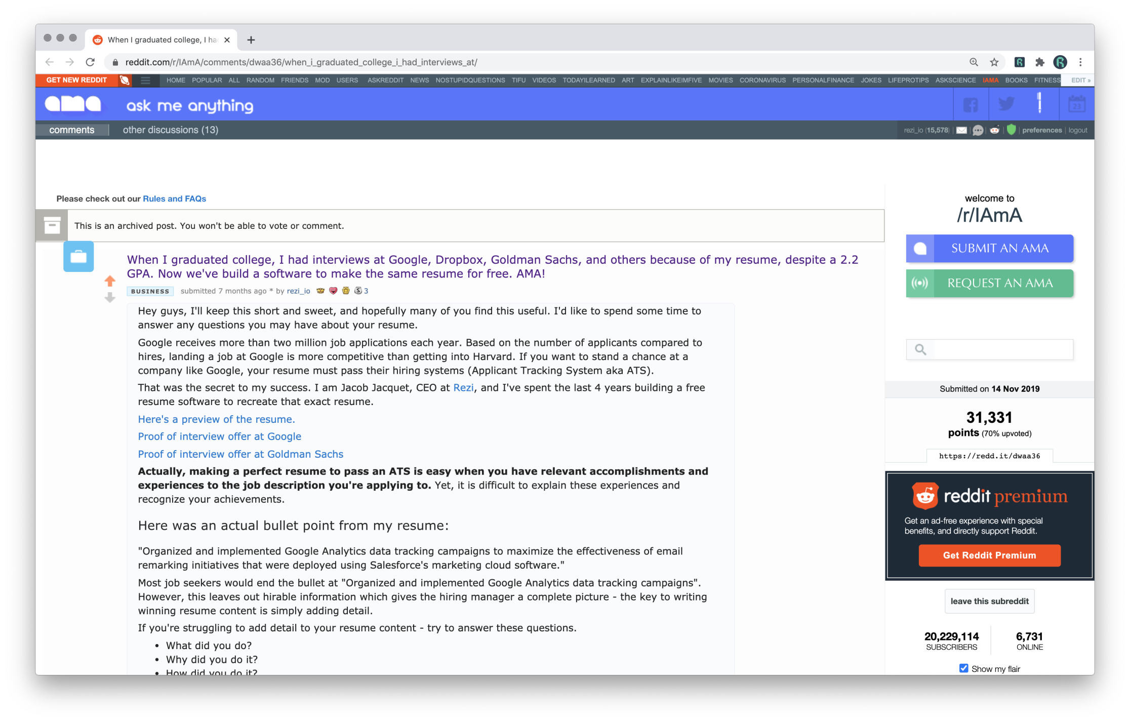 미국 커뮤니티에 올렸던 홍보글. 이력서로 취업한 썰을 미끼로 고객을 유치했다.