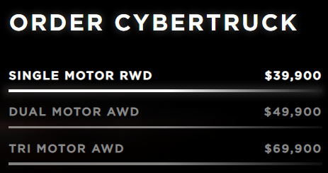 사이버트럭의 가격 (사진 출처: 테슬라 공식 홈페이지)