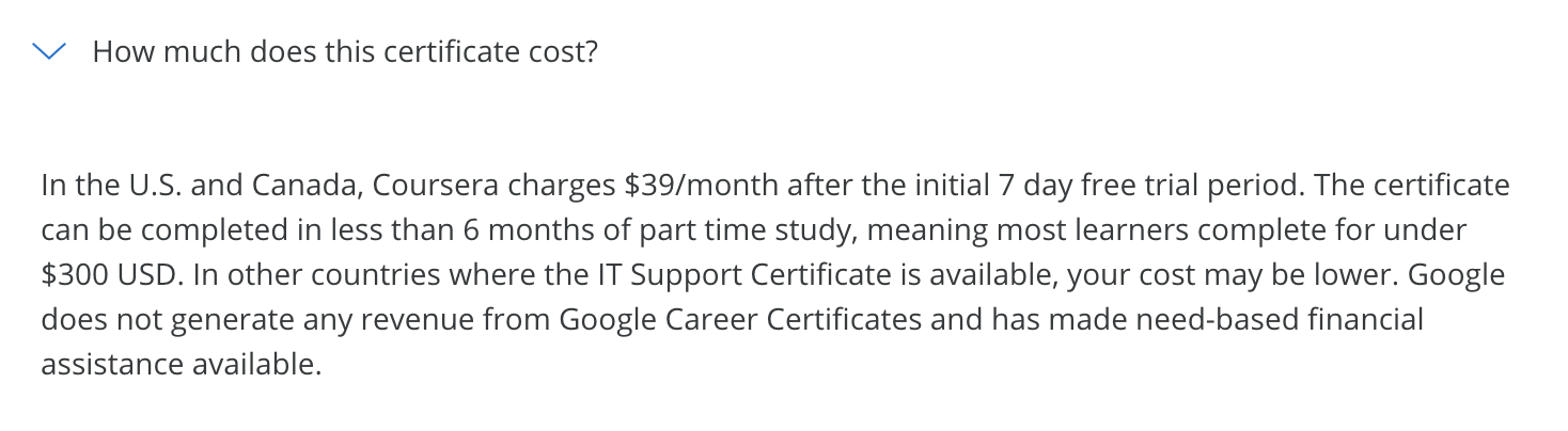 Google UX Design 전문자격증 코스 안내 페이지에서 대략적인 금액을 안내하고 있습니다