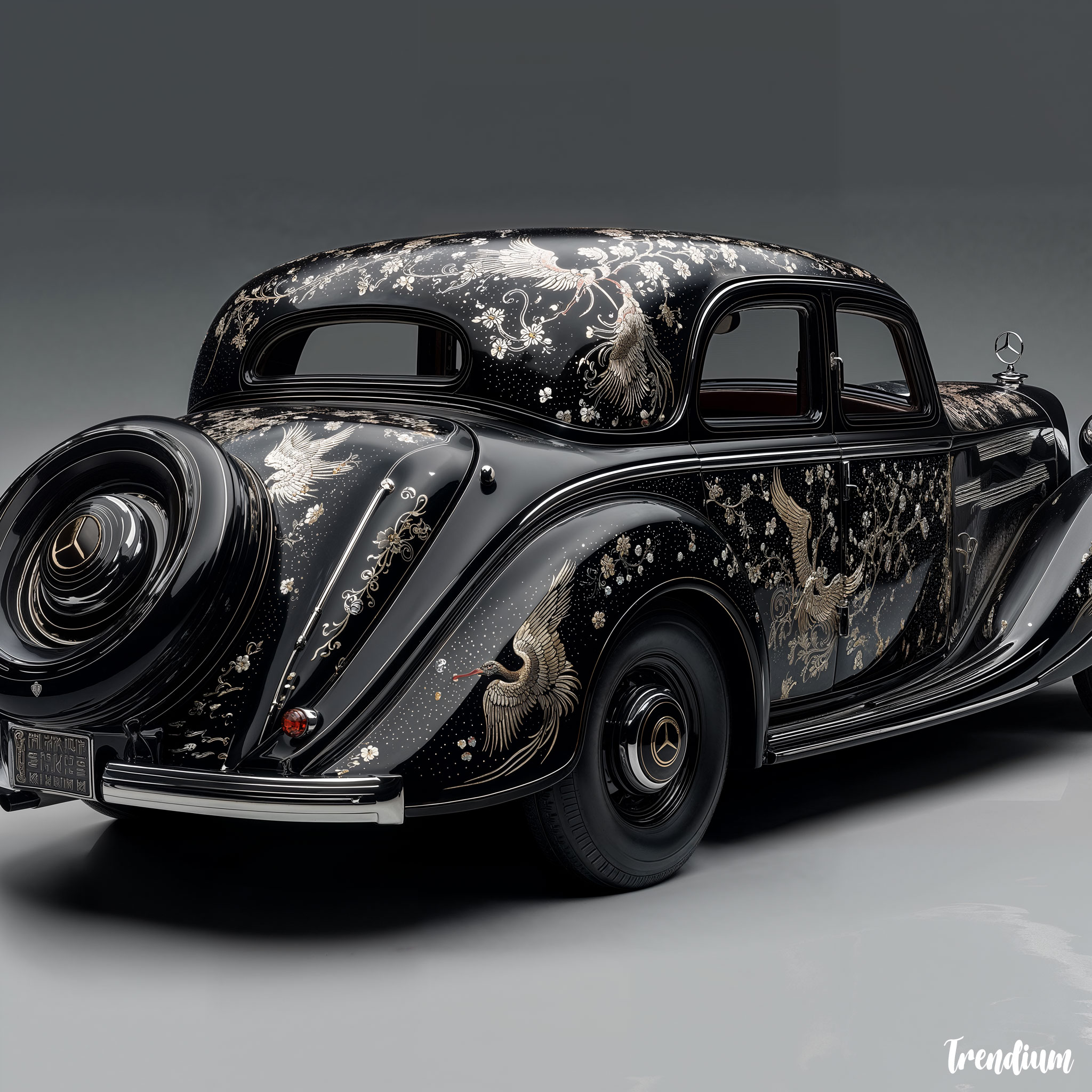 [prompt] full-body shot of a luxury Mercedes-Benz finished in glossy black lacquer, entirely covered with intricate Korean mother-of-pearl (najeon-chilgi) style inlay patterns in bright ivory and subtle ivory tones, featuring delicate cloud and phoenix motifs, with realistic pearlescent textures and slightly raised inlay details, dramatic studio lighting, premium automotive pictorial --v 7 --stylize 600
