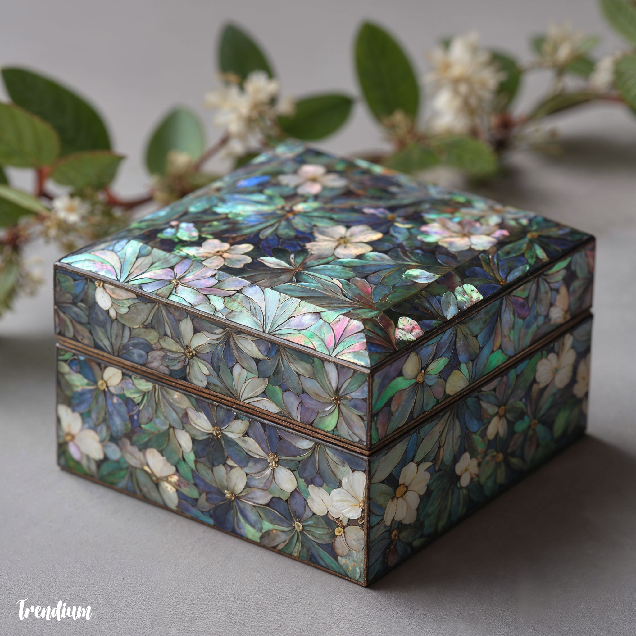 [prompt] mother-of-pearl inlay jewelry box, Korean traditional lacquerware, shimmering pearl patterns, luxurious aesthetic, photorealistic --v 7 --stylize 200