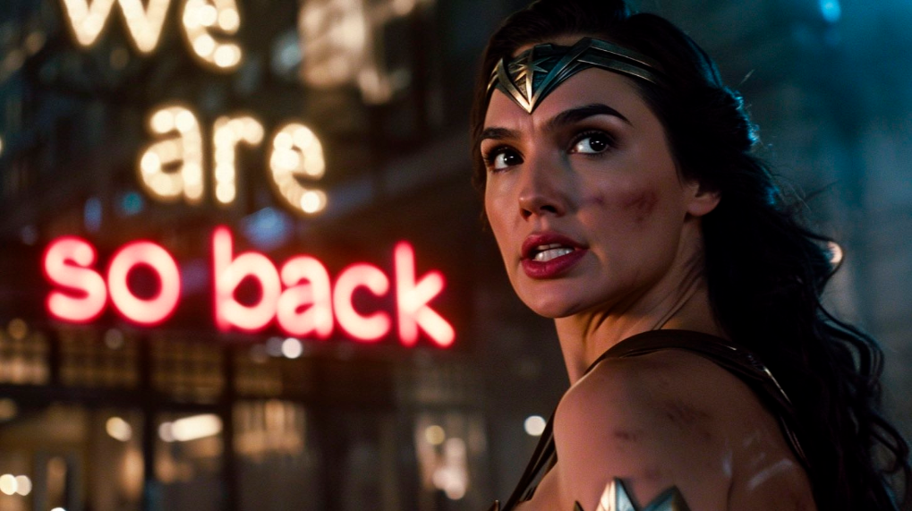 Wonder Woman standing, a sign behind her saying 