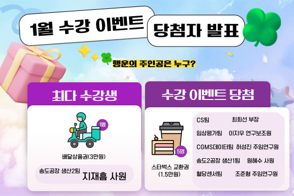 당첨되신 분들에게는 금주 중, 휴대폰으로 선물 발송 예정입니다. 🎁