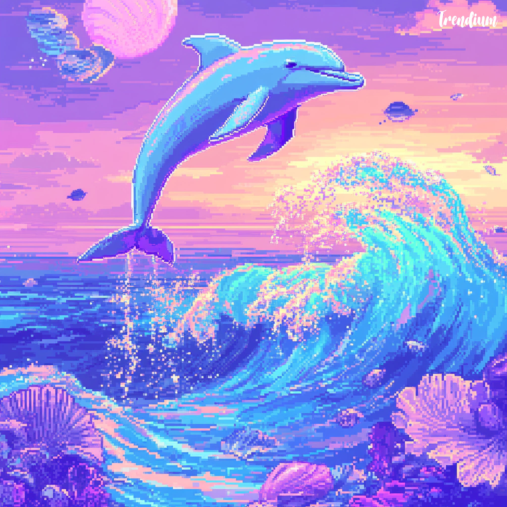 [prompt] Seapunk aesthetic digital artwork of a chrome dolphin jumping over neon waves, with seashells and holographic coral reef, glowing in aqua blue and pastel purple, 90s pixel art style