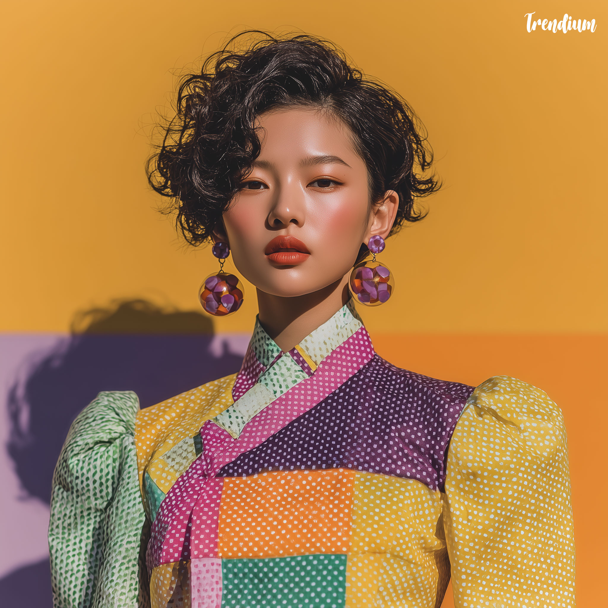 [prompt] fashion editorial combining memphis design and Korean hanbok, color-blocked jeogori with zigzag sleeves, polka-dot chima, bold accessories, pastel and neon dancheong inspired patterns, 1980s postmodern aesthetic meets Joseon elegance --v 7 --stylize 500