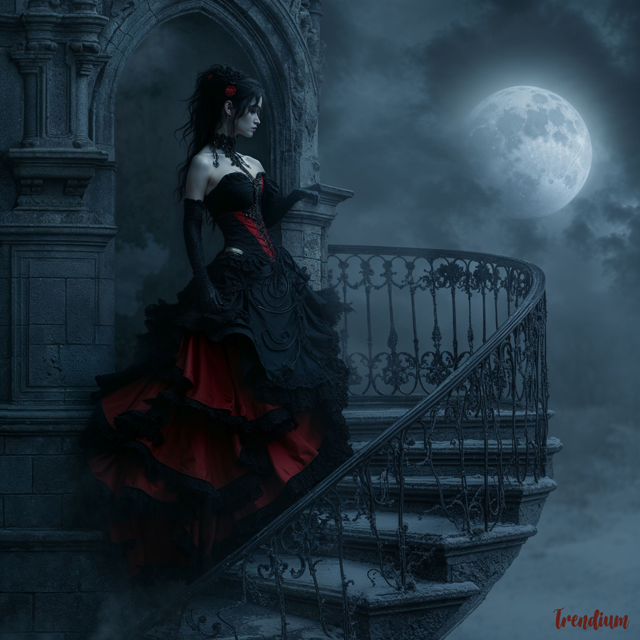[prompt] a gothcore princess in a black and red corset dress, standing on a spiral staircase of a gothic tower, fog and moonlight outside