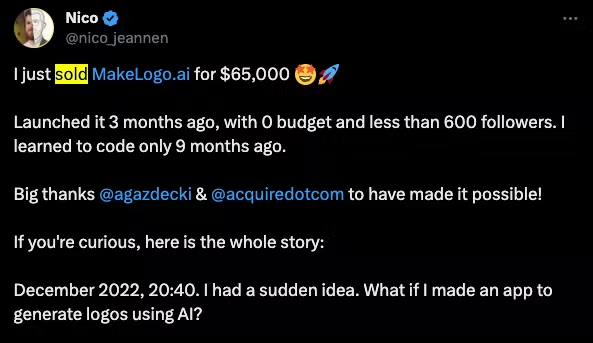 런칭 3개월 만에 AI로 로고를 만들어주는 서비스가 8천만원에 팔렸다는 글
