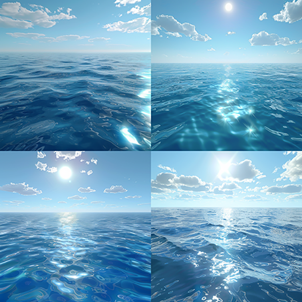 prompt : A 3D rendering of a vast expanse of blue water with beautiful ripples and swirls, the sky is clear with few clouds in it. Sunlight shines on the water in the style of a cartoon.