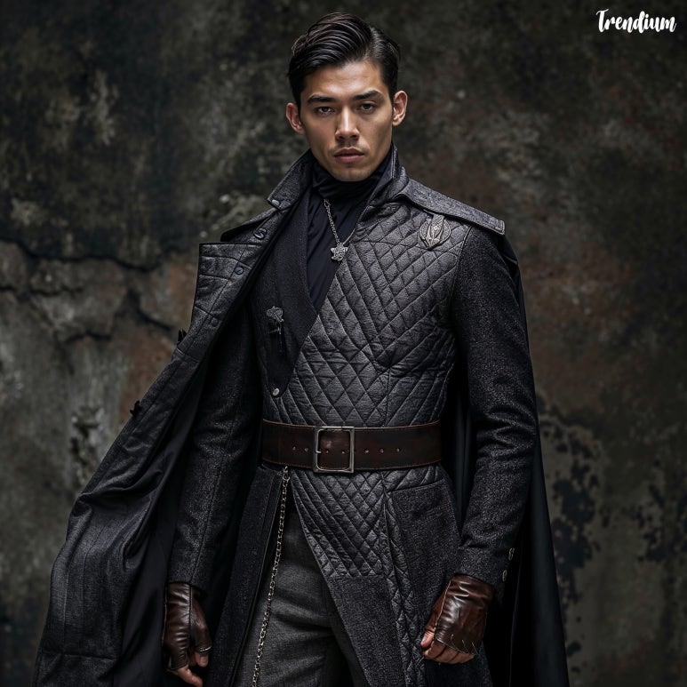 A modern men's fashion design inspired by medieval knight's armor and clothing: - Structured metallic gray blazer with quilted panels resembling plate armor - Layered look with a long, dark navy blue dress shirt underneath the blazer - Slim-fit charcoal gray trousers with subtle metallic accents on the side seams - Wide brown leather belt with an oversized silver buckle featuring an engraved design - Ankle-high brown leather boots with metallic silver details on the heel and toe - Single-shoulder cape attachment in deep burgundy, fastened with a silver chain - Embroidered family crest or coat of arms on the left chest of the blazer - Dark gray leather driving gloves with metallic studs on the knuckles Accessories: - Silver chain necklace with a pendant shaped like a miniature shield - Leather cuff bracelet with medieval-inspired metal embellishments Style: Luxurious contemporary menswear with a medieval twist Lighting: Moody studio lighting with dramatic shadows to highlight the outfit's textures Background: Dark stone wall backdrop, suggesting a modern interpretation of a castle interior Additional details: - Model: Male, mid to late 20s, with a strong, chiseled jawline - Pose: Confident stance, one hand in pocket, slightly turned to showcase the cape - Hair: Short, textured hairstyle with a slight quiff - Facial hair: Well-groomed stubble - Make-up: Natural, enhancing the model's features without being noticeable