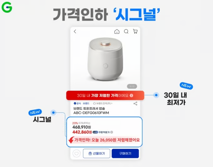 가격인하 시그널 자료<br>명확한 시간과 가격 인하 폭을 메시지로 전달해 고객에게 할인 체감률을 강조한 게 특징<br>