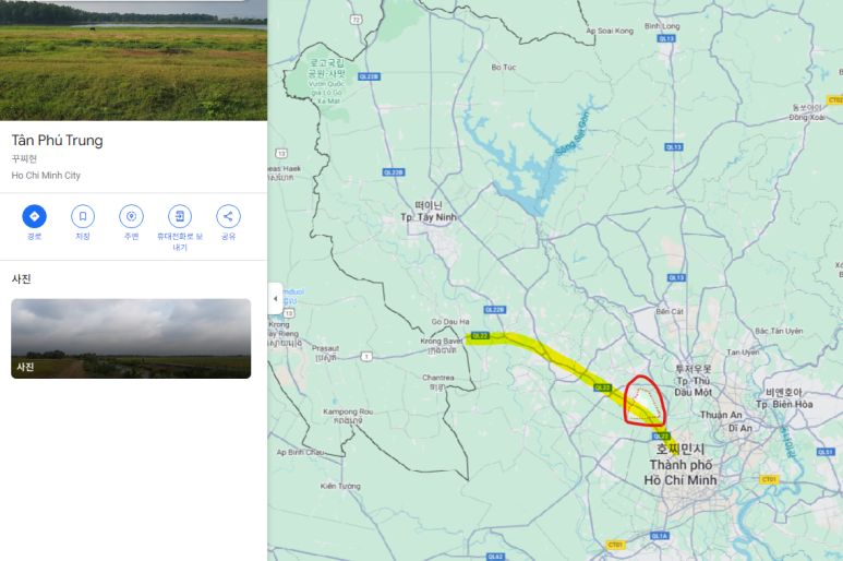 베트남 남부 호치민시 꾸치 현 떤푸쭝 마을 위치(붉은 세모)와 22번 국도(노란색)
