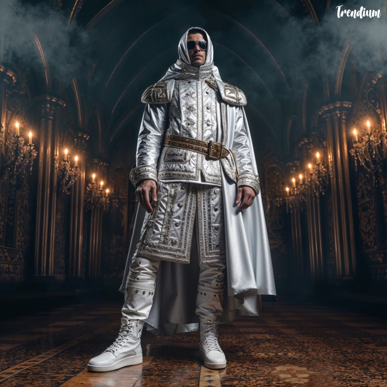 Men's Fashion Pictorial Inspired by Knight of the Crusades, Modern Reinterpretation, High Fashion, Hyperrealism, Exaggerated Decorations design, realistic, in the style of balenciaga, single color backdrop, UHD 32K, high detail, shot wide view, fisheye lens, photograph of a man posing, he is wearing some chunky sneakers, techwear clothing, rococo style, vivid and rich color, spring flower pattern fabric