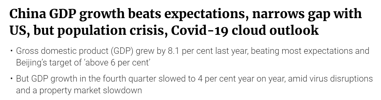 China GDP growth beats expectations, narrows gap with US, but population crisis, Covid-19 cloud outlook | South China Morning Post (scmp.com)