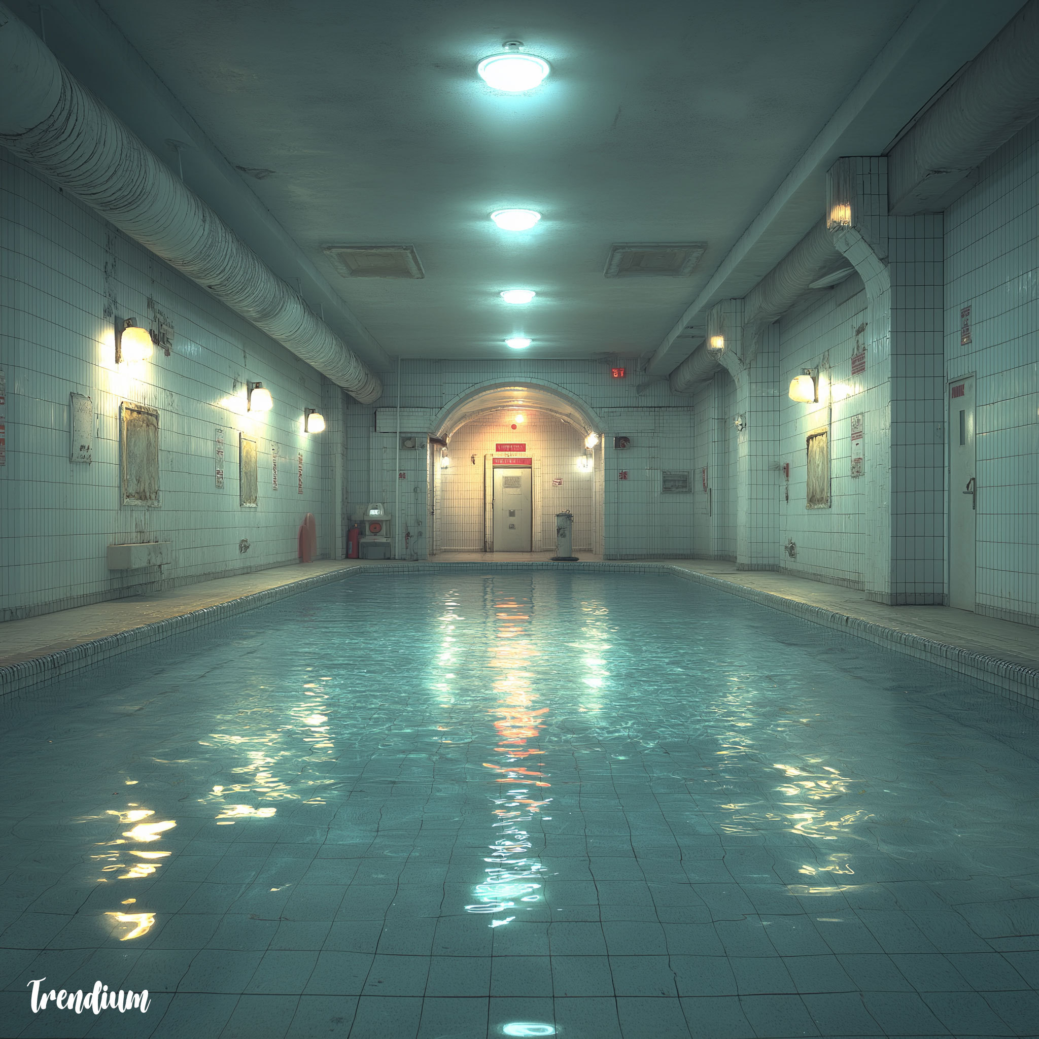 [prompt] abandoned indoor swimming pool, pale tiles, stagnant water, flickering overhead lights, liminal space, analog horror, wet silence, uncanny emptiness --v 7 --stylize 400