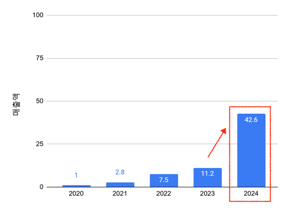 2023년에는 연매출 11억이었으나 2024년에는 42억으로 4배 가까이 성장했다