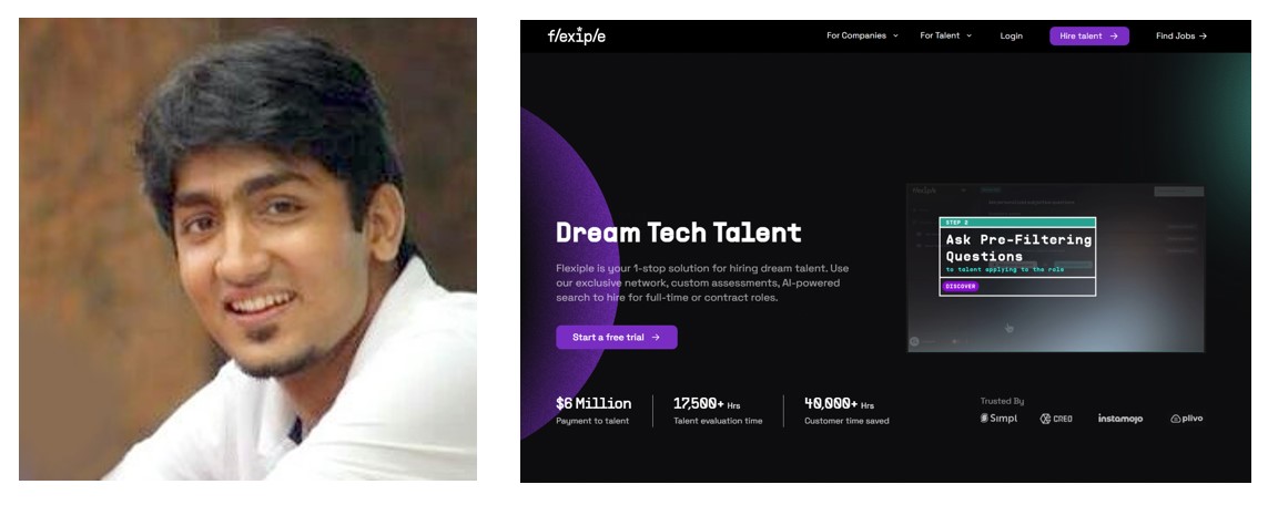 Karthik Sridharan(왼쪽) 과 Flexiple.com 메인(오른쪽)