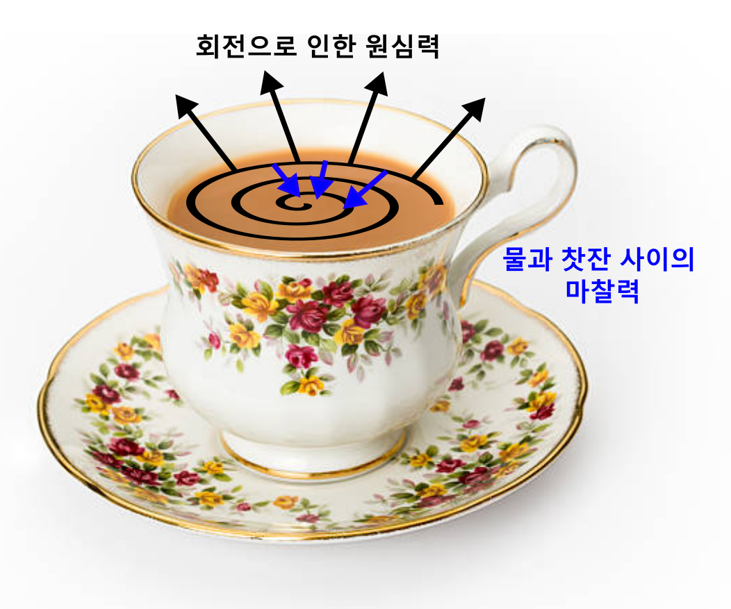찻잎 역설: 찻잔과 물 사이의 마찰력 때문에 찻잎은 회오리 중앙으로 모인다. 