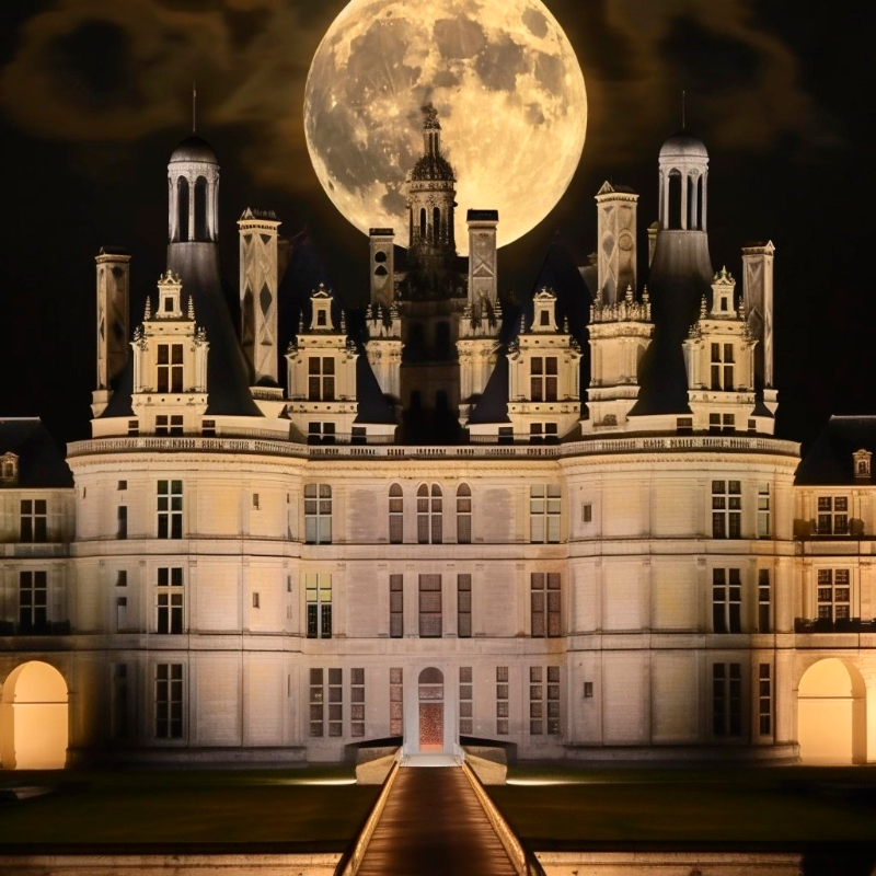 a magnificent castle with a full moon in the background