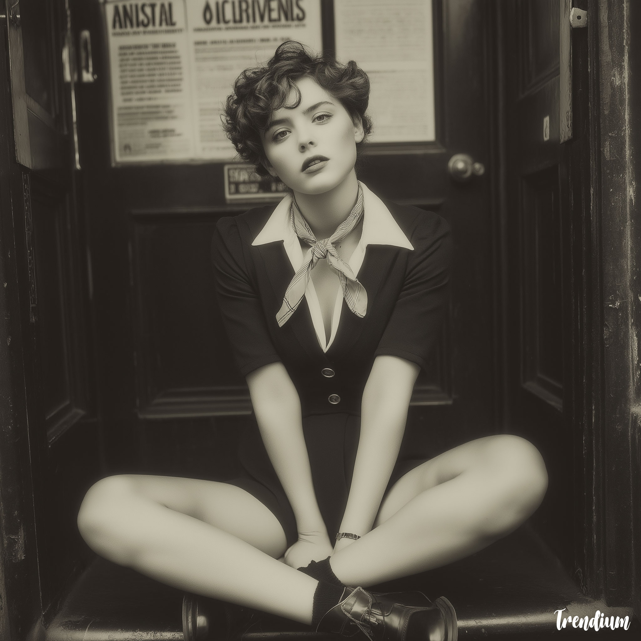[prompt] A 1950s Teddy Girl in a tailored cropped jacket, high-waisted pencil skirt, brogues, short curled hair, wearing a silk scarf and bold eyeliner, sitting on a stoop near a vintage cinema, moody black and white photo --v 7 --stylize 400