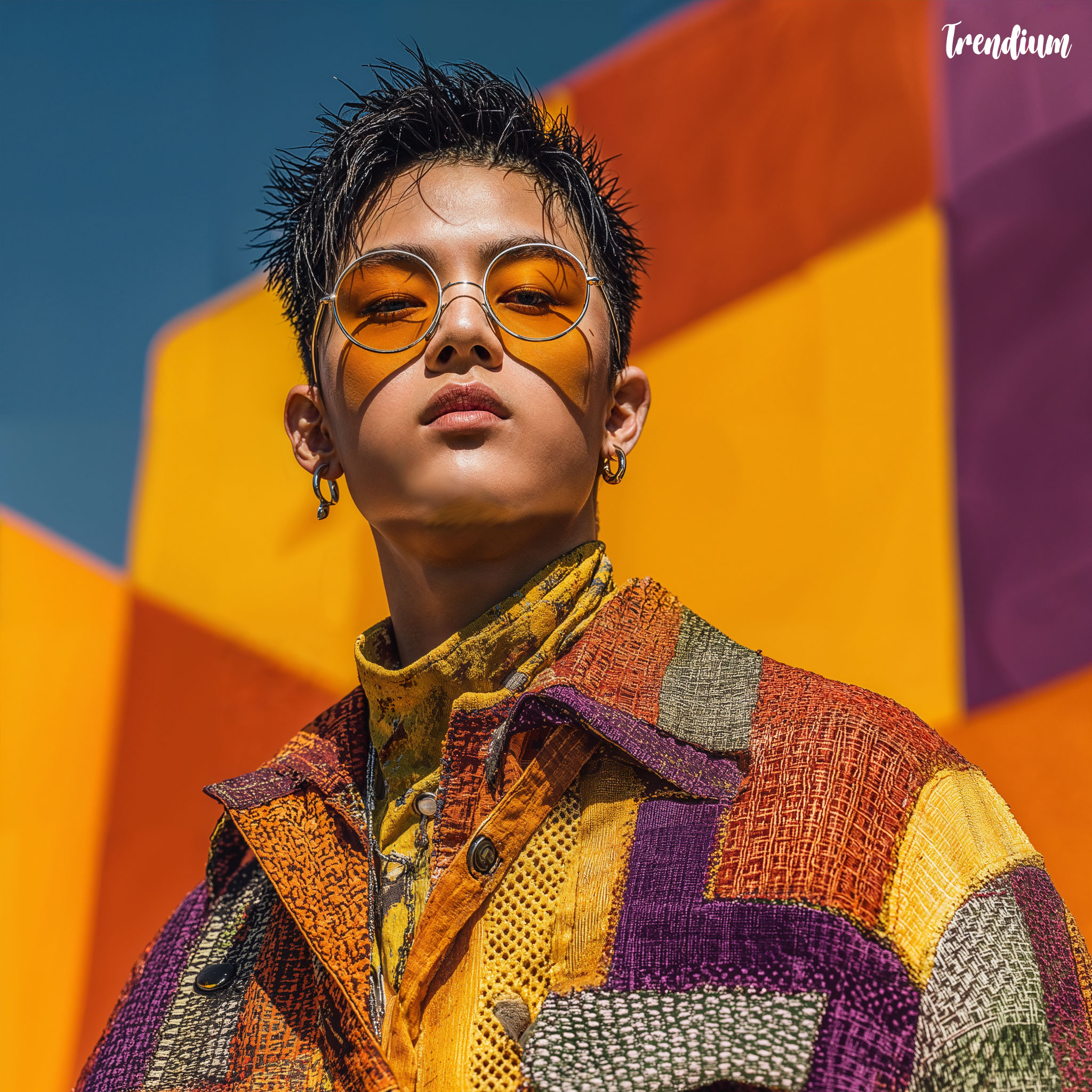 [prompt] A young Korean male model styled a Memphis-inspired fashion editorial featuring geometric patterned clothes, vivid colors, and a playful, radical mood. --v 7 --stylize 500