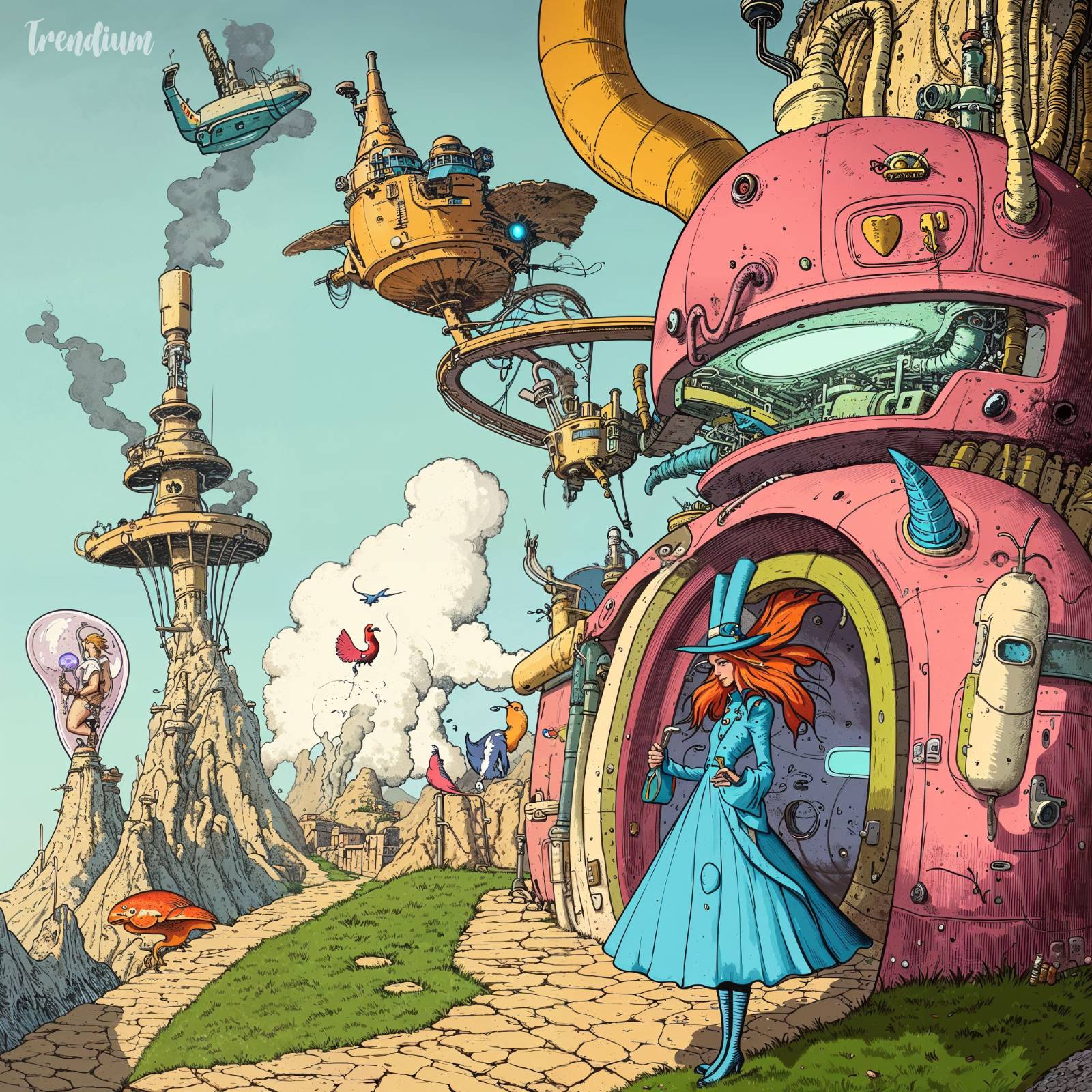 [prompt] Alice in wonderland. Inspired by Moebius's work The Airtight Garage. Jean Giraud style