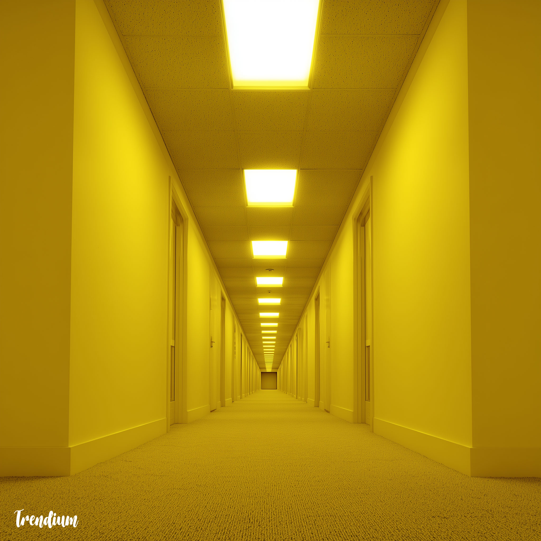 [prompt] endless yellow office corridor, liminal space, surreal architecture, buzzing fluorescent lights, damp yellow carpet, low ceiling, eerie emptiness, analog horror, VHS noise texture, uncanny perspective, no people, creepy and dreamlike atmosphere --v 7