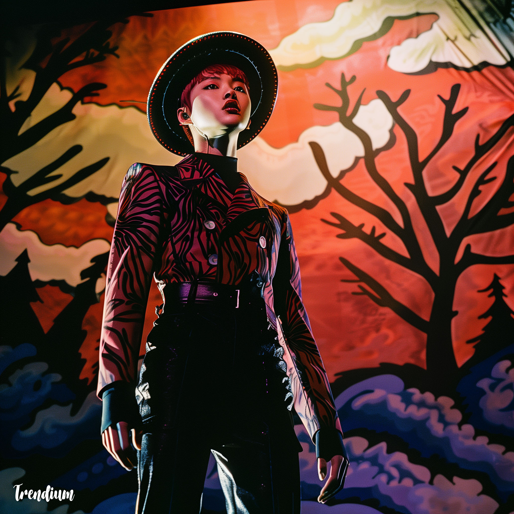 [prompt] Idol wearing translucent black gat hat with LED rim glowing red, paired with asymmetrical modern hanbok jacket, leather pants, and boots, moody stage background, powerful performance, Vogue Homme pictorial, Nikon Z9, 35mm lens, cinematic concert lighting --sref 3679307054 --v 6