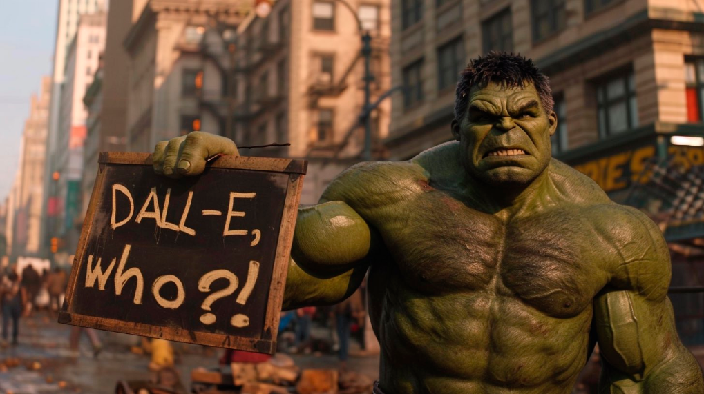 the hulk standing holding a sign saying 