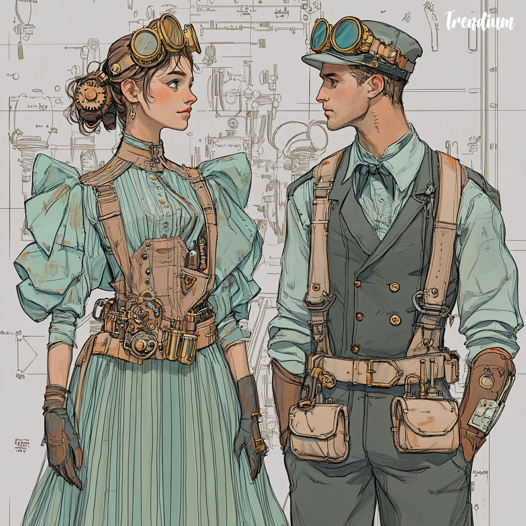 [prompt] Create a vibrant, character animation-style scene featuring both a male and female character dressed in inventive and functional steampunk engineer outfits. The female character wears a high-collared utility coat with exaggerated brass buckles, multiple pockets, and a long pleated skirt with mechanical gears and details. She is accessorized with animated leather gloves, a tool belt filled with vintage brass tools, and oversized goggles perched on her head, giving her a playful inventor vibe. The male character is animated with a rugged leather vest over a fitted shirt, with his sleeves rolled up. He has brass suspenders and a utility belt filled with small mechanical tools, wearing fingerless gloves and a top hat with whimsical lenses and magnifying tools. The characters are set against a lively, industrial animated backdrop filled with moving steam-powered machinery, rotating gears, and warm, glowing metallic lighting, capturing the functional yet stylish nature of steampunk in a playful animation style. --sref 1957016831