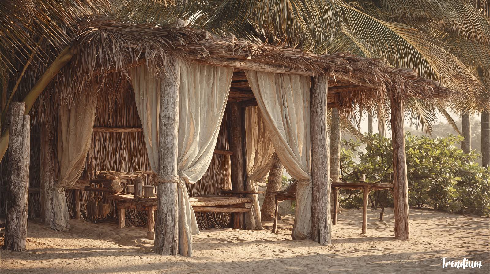 [prompt] a rustic early cabana by the tropical seaside, made of wood poles and palm leaves, open-air hut with canvas curtains fluttering in the breeze, vintage beach setting, 1920s resort atmosphere, natural textures, sandy ground, soft sunlight, warm tones, no modern materials, hand-built look, simple and peaceful structure, nostalgic mood --ar 16:9 --v 7