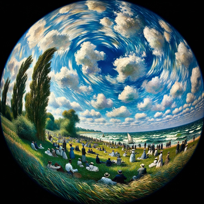 Photo-realistic representation of Monet&#39;s iconic painting, but with a modern twist: the entire scene is captured through a fisheye lens, giving the sky, the grass, and the figures a distinctive, warped appearance.