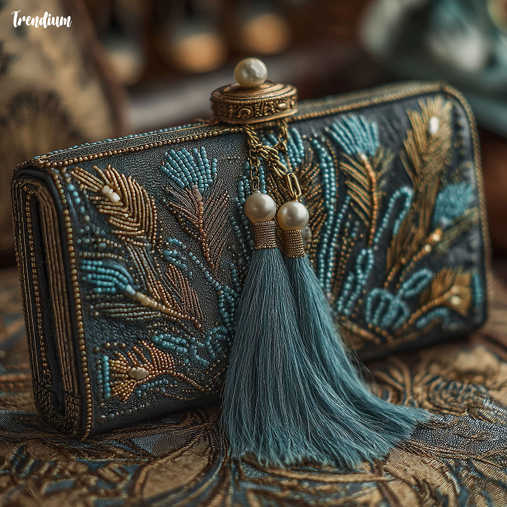 [prompt] 1920s flapper-inspired clutch bag design, beaded surface, feather tassel, gold clasp, pearl details, luxury vintage aesthetic, placed on Art Deco fabric --v 7 --stylize 350
