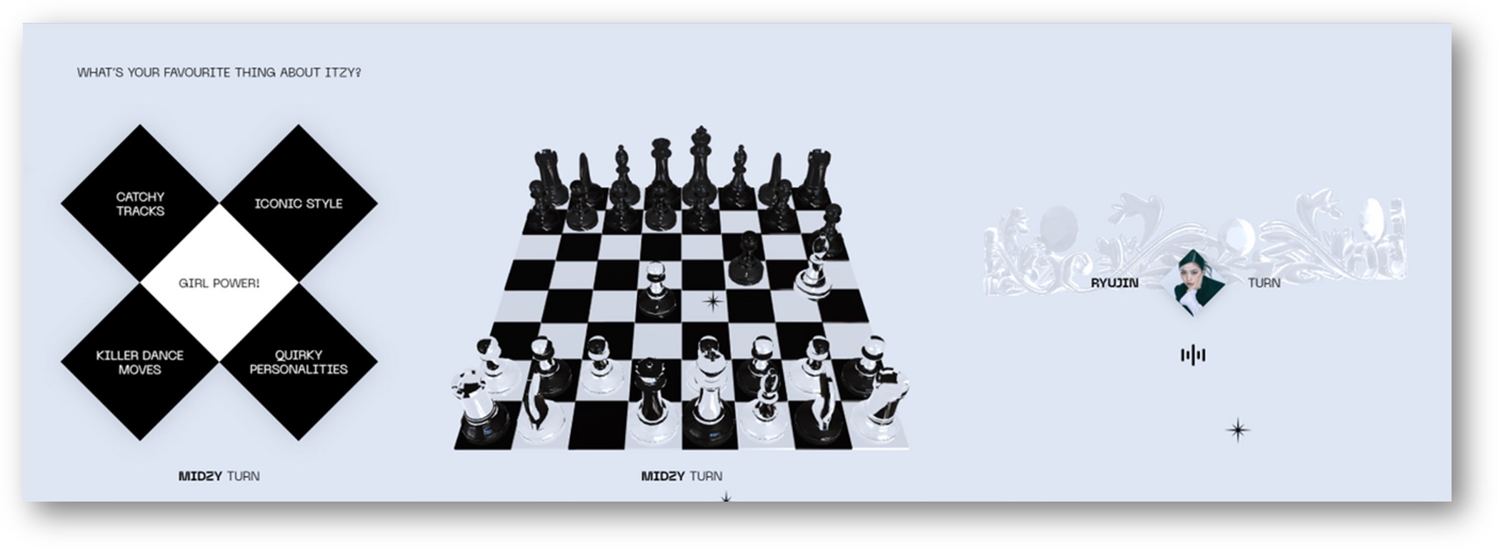 (좌) ITZY에 대한 상황문답이 선택되면, 체스가 움직이며 플레이 된다. <br>(우) 중간중간 들을 수 있는 멤버별 보이스 메세지.