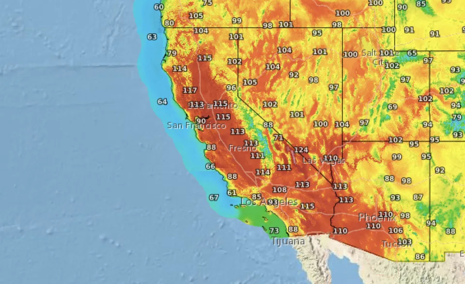 Labor Day 기온 (참고 : 100°F=37.8°C)(출처: https://finance.yahoo.com/news/california-heatwave-bay-area-set-172126402.html)