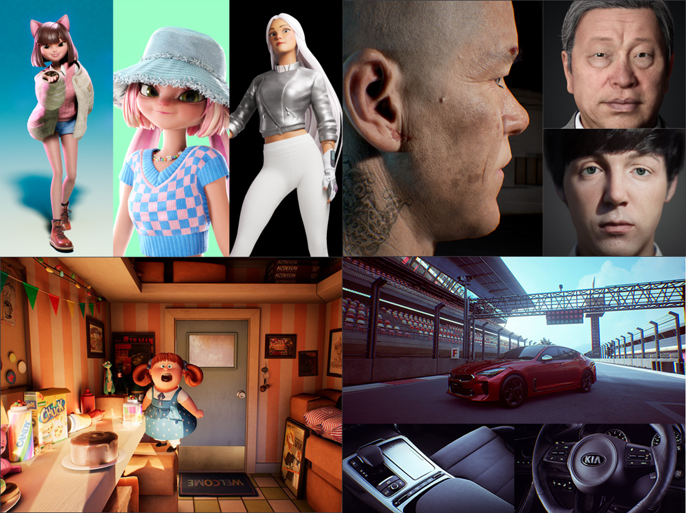에이펀 인터렉티브의 주된 사업 영역 4가지. (시계방향으로) 디지털 휴먼 기술, 하이 퀄리티 실시간 3D 콘텐츠 제작 기술, Ganimation(Game+Animation), 그리고 디지털 셀럽 매니지먼트. 