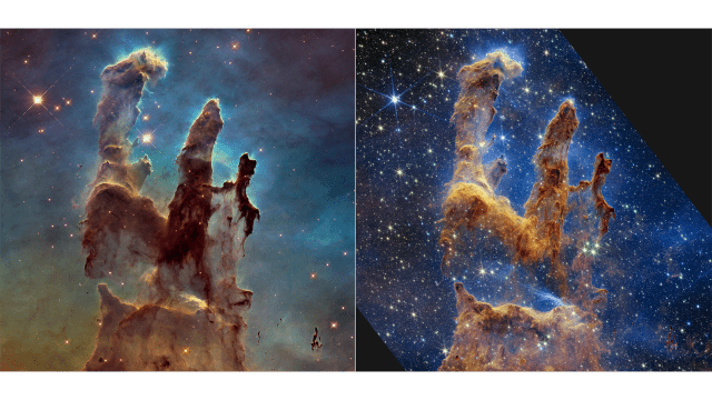 2014년 허블 우주 망원경이 찍은 모습(좌측)과 이번에 제임스 웹이 촬영한 창조의 기둥(우측)