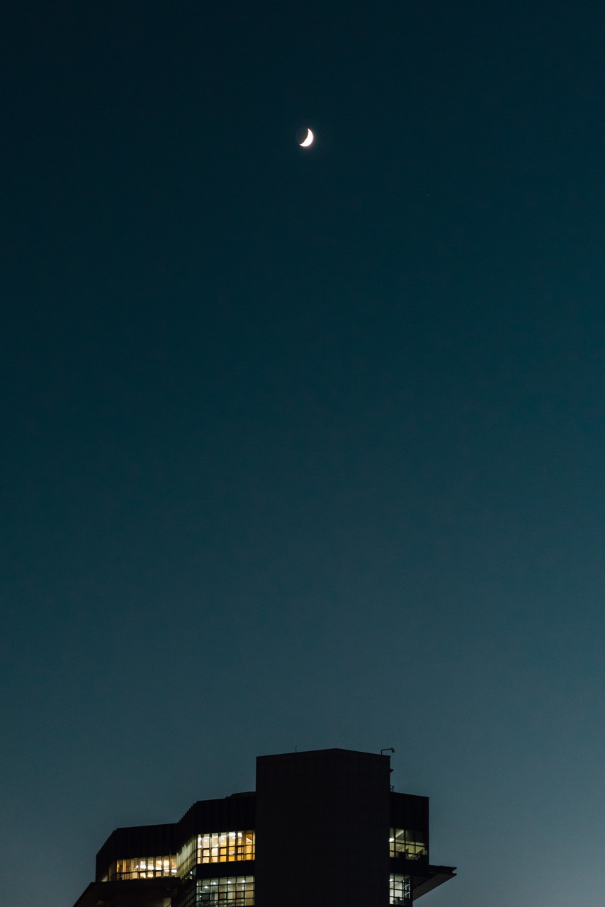 학교 건물 위에 달이 너무 예쁘게 떠 있어서 담았어요. 겨울의 청명함!