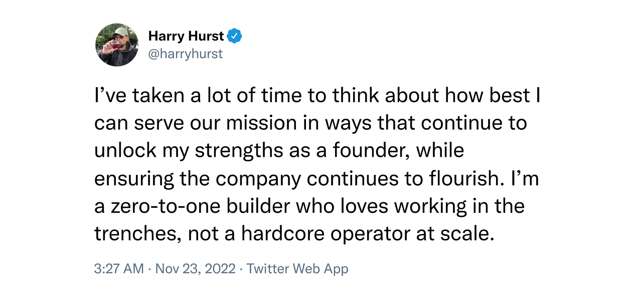 Pipe 경영진의 일괄 사퇴를 발표하며 자신의 결정에 정당성을 부여하는 Harry Hurst의 트윗