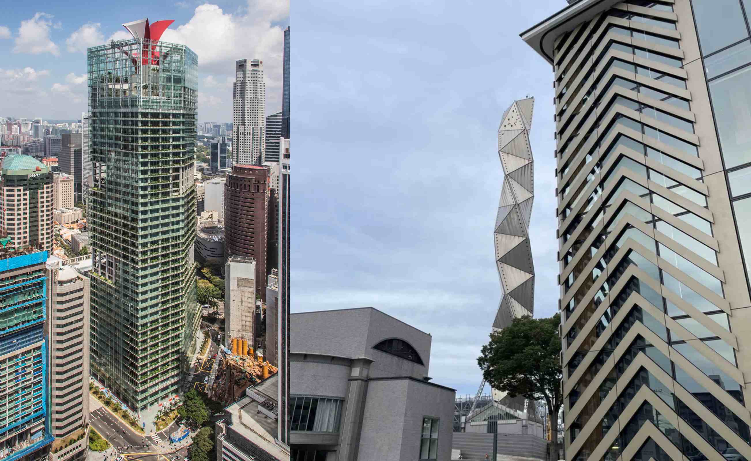 이토 씨의 건축엔 종종 조형물이 따라붙기도 하는데요. 이번엔 바로 옆 '미토예술관'의 조형 작품이 대신해주고 있어요.(右) 그리고 싱가폴 고층 빌딩 CAPITA GREEN 꼭대기의 빨간색 조형물은 단지 장식이 아니라 외부의 공기가 건물 내부로 통하게 하는 배기 기능을 가져요.