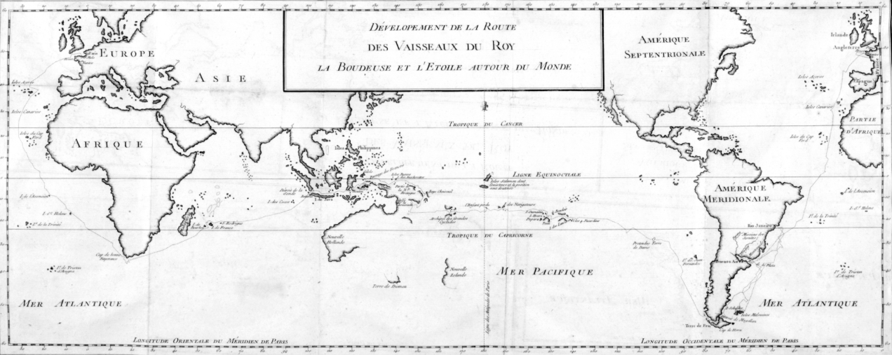 프랑스 탐험가 Louis Antoine de Bougainville ca가 만든 지도에 표시되어 있는 배의 경로