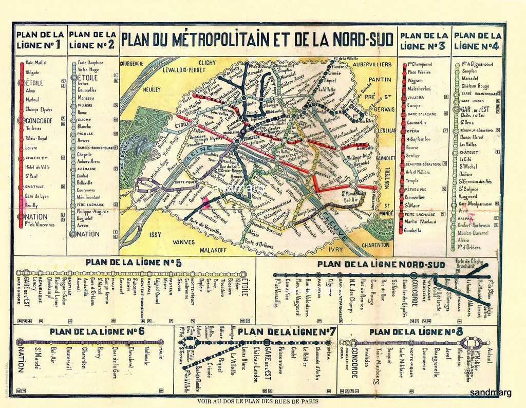 1913년 파리 지하철 노선도 (출처: https://transitmap.net/paris-metro-1913)