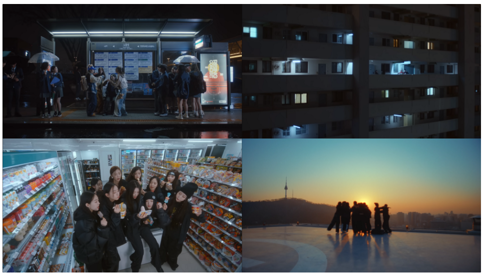 <Rising> 뮤비 중 일부<br>버스 정류장, 아파트 복도, 편의점, 남산이 보이는 풍경 <br>