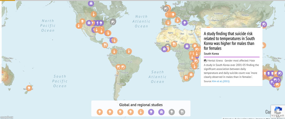 130건의 기후변화 관련 논문을 주제와 지역별로 배치한 지도. 한국에서는 기온 변화에 따른 자살률 분석 논문이 인용됐다. 카본 브리프 제공 ⓒ 한겨레신문