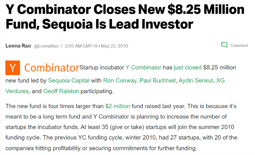 세콰이어가 리드투자자로 참여한 와이콤비네이터 펀드와 관련한 2010년 기사