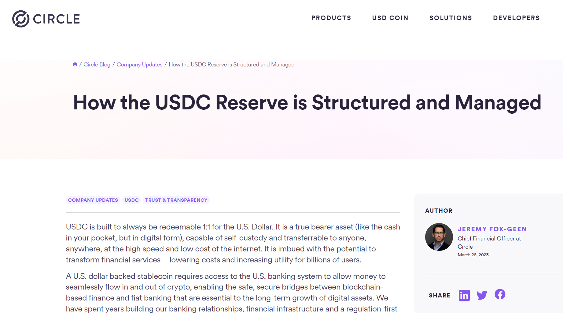 'USDC 준비금의 구조 및 관리' 블로그 포스트