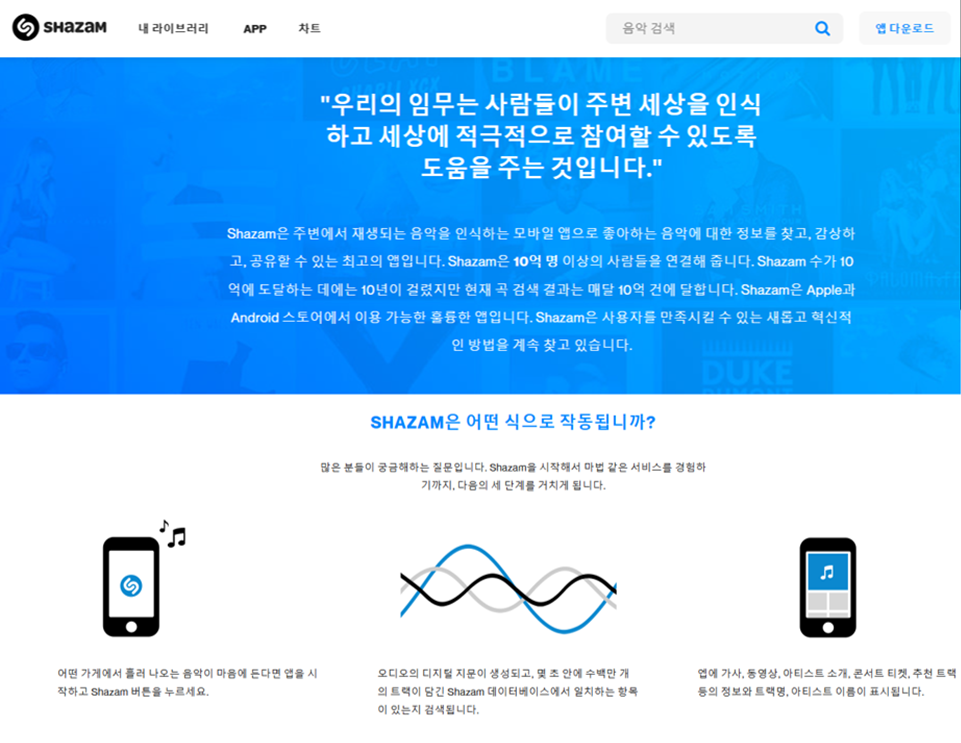 Shazam의 공식 홈페이지에서는 Shazam 앱 인식이 어떤 식으로 작동되는지에 대한 설명을 볼 수 있다. (이미지 클릭 시 홈페이지와 연결됩니다)