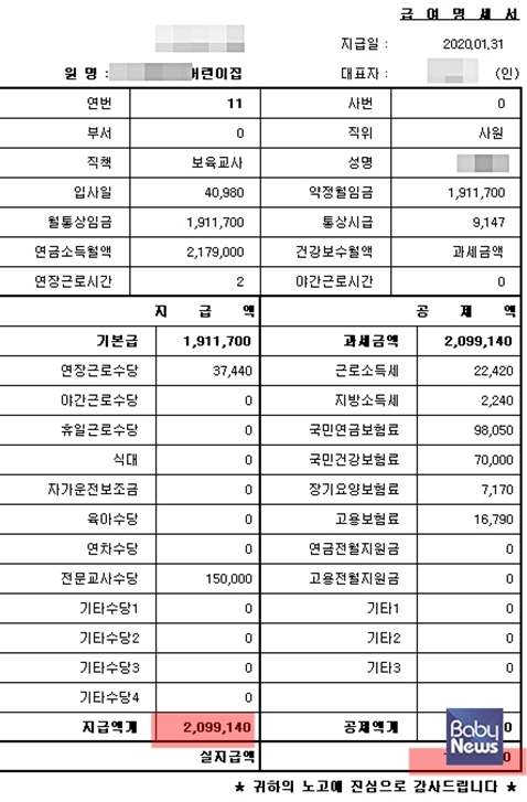 보육교사 경력 총 15년 차 교사의 급여명세서. 출처: 베이비뉴스