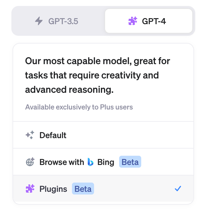 ChatGPT 4.0에서 Plugins 선택하는 화면