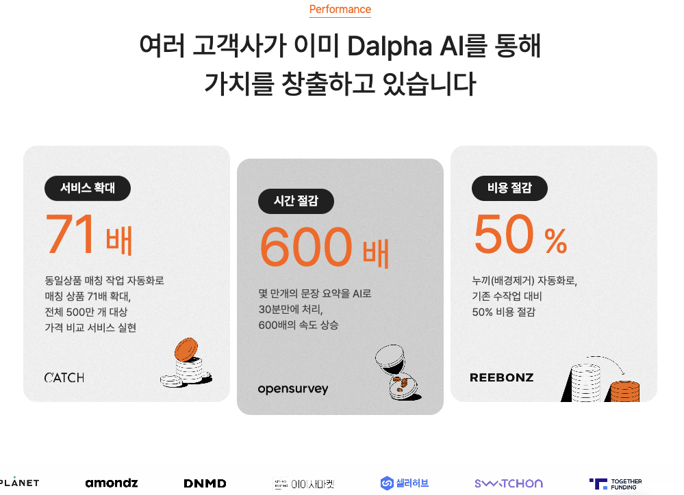 Dalpha의 고객사와 퍼포먼스 지표